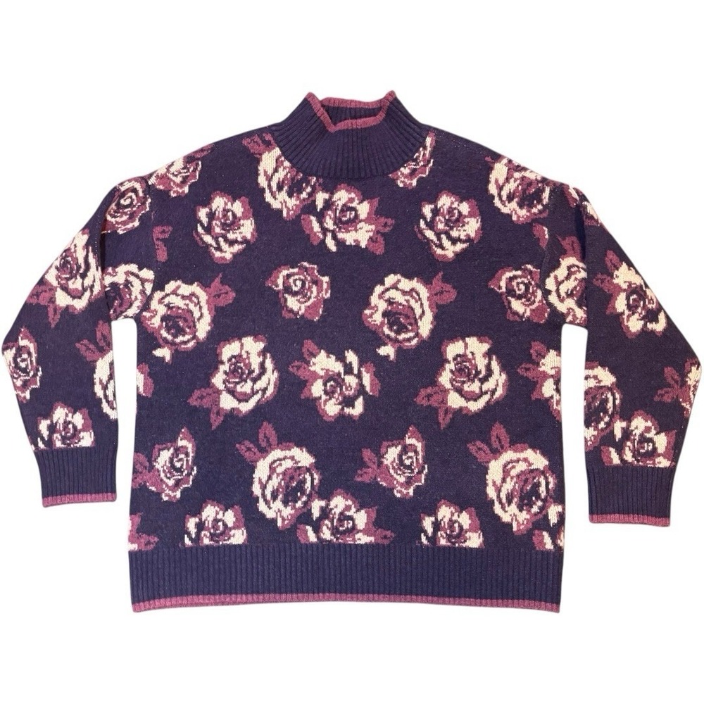 JOSEPH A Rose Print Acrylic Sweater‎ Purple And Pink Mock Neck Extra Large 1x Xl